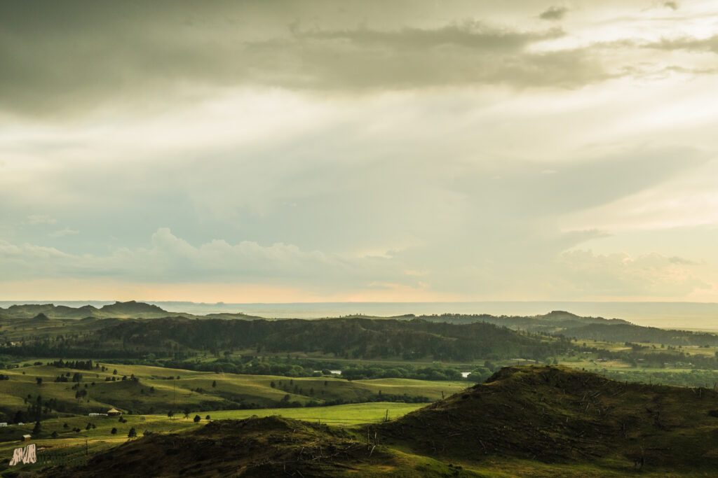 Scenic overlook of pine-covered hills with stormy sky