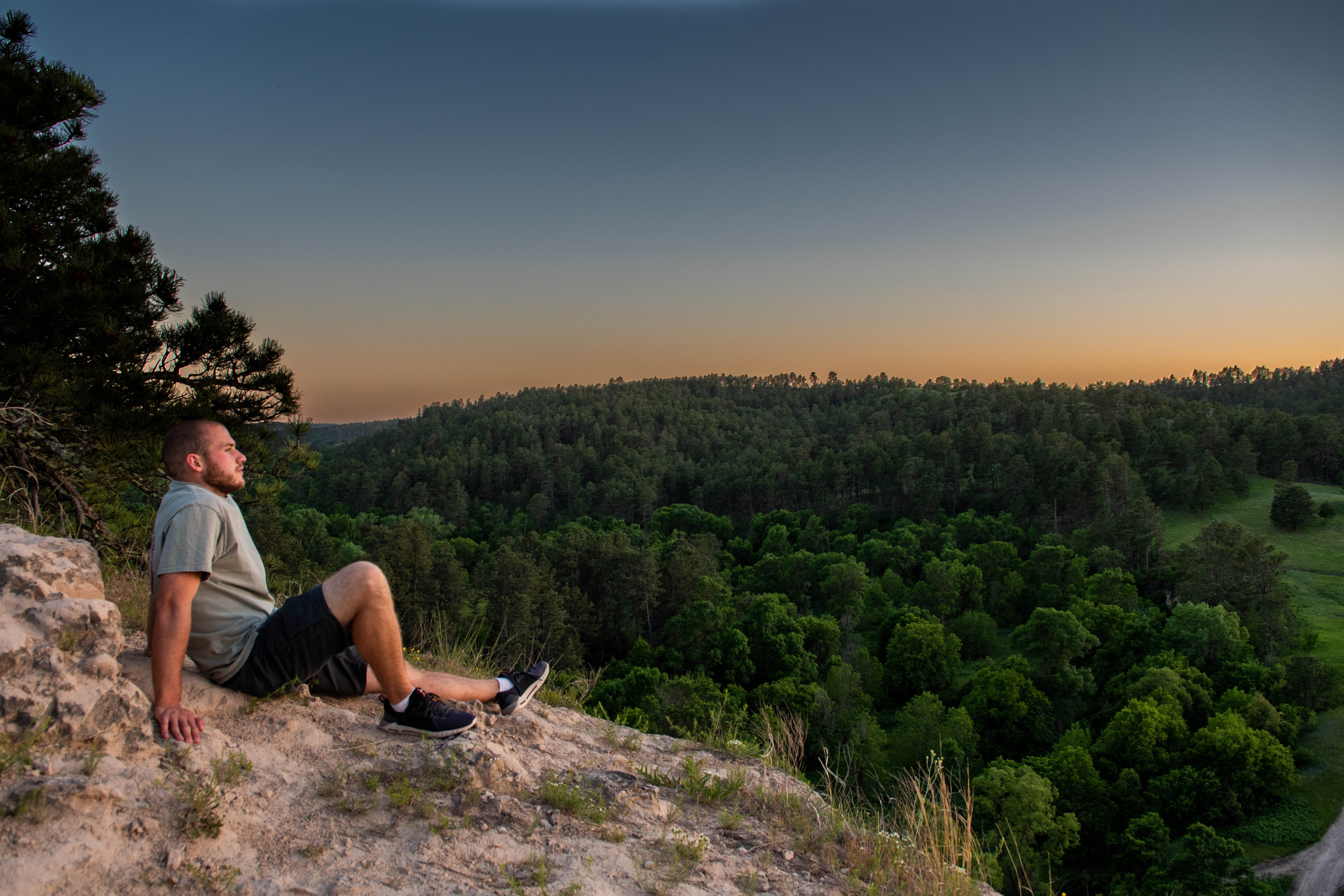 Man sitting on scenic overlook viewing pine trees at The Cliffs