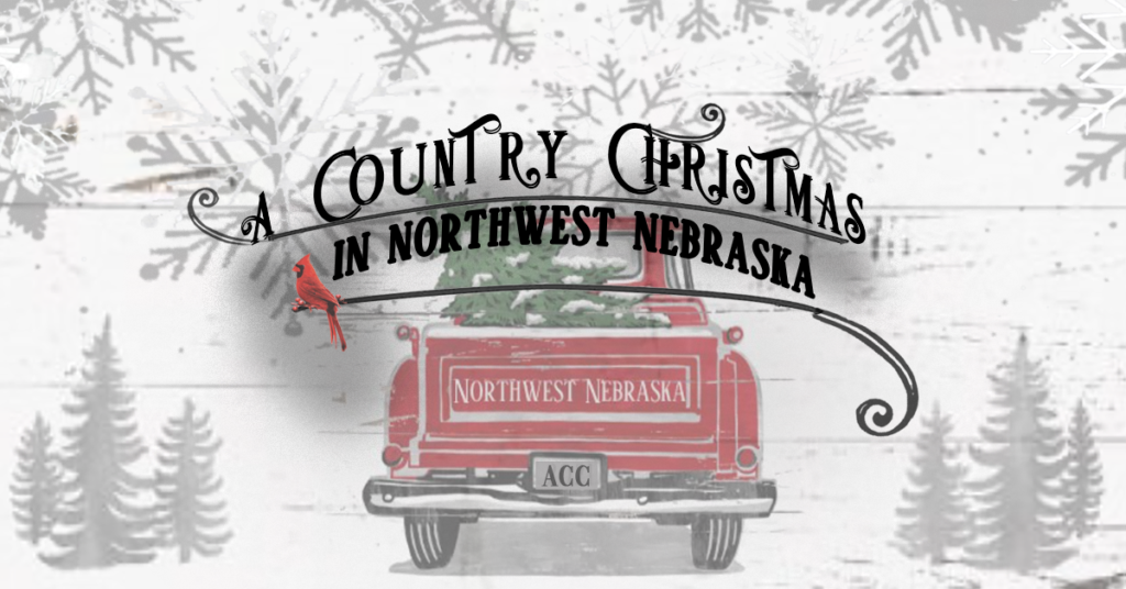 Photo of a red truck with a Christmas tree surrounded by snowflakes and trees