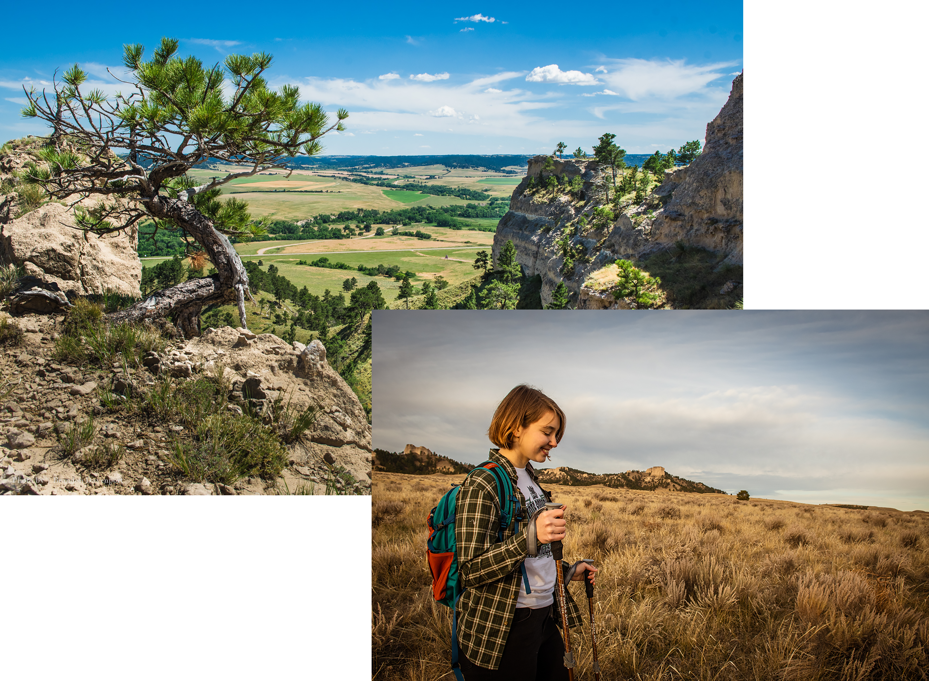 Scenic overlook of bluffs and woman hiking
