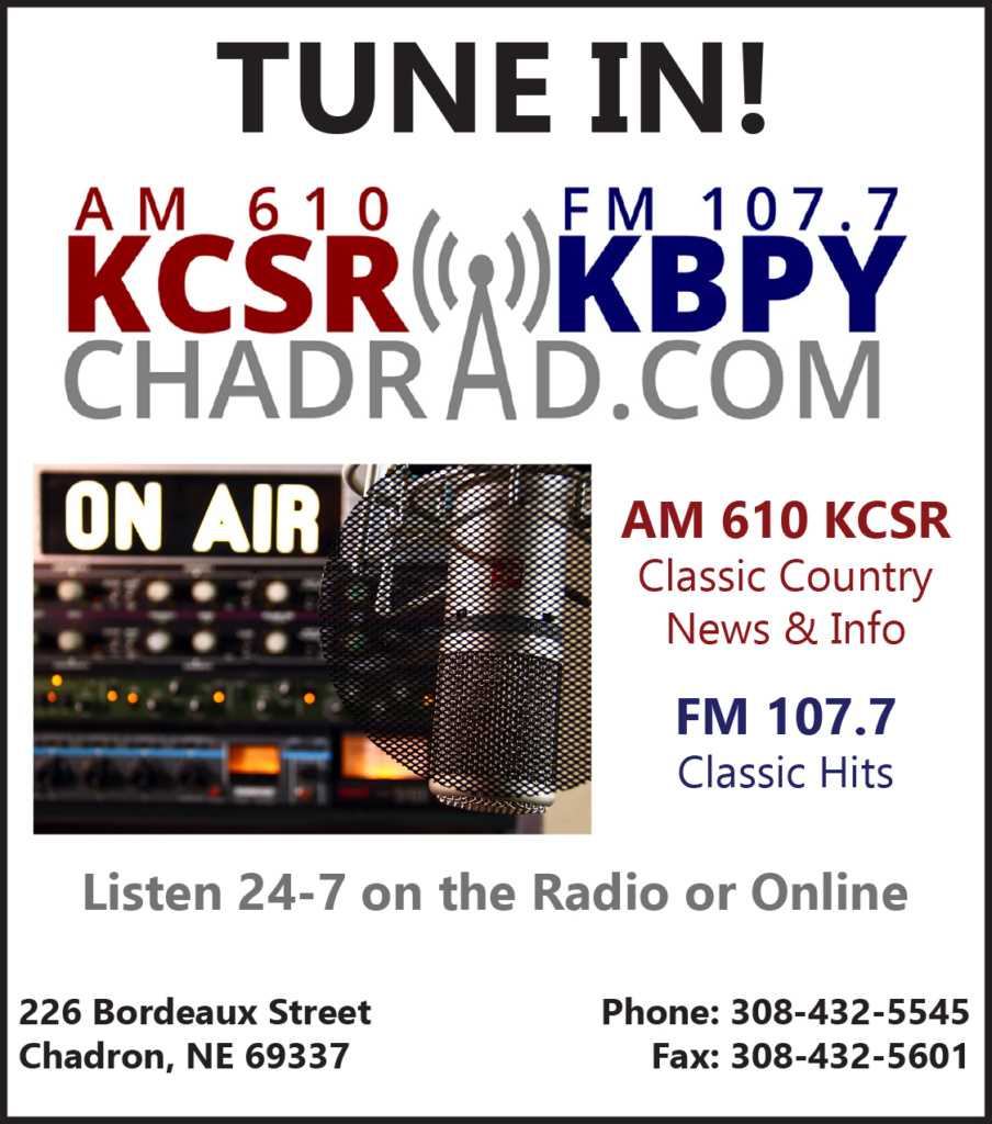 Ad for Chadrad Communications AM 610 and FM 107.7. Visit https://chadronradio.com/ for more information.