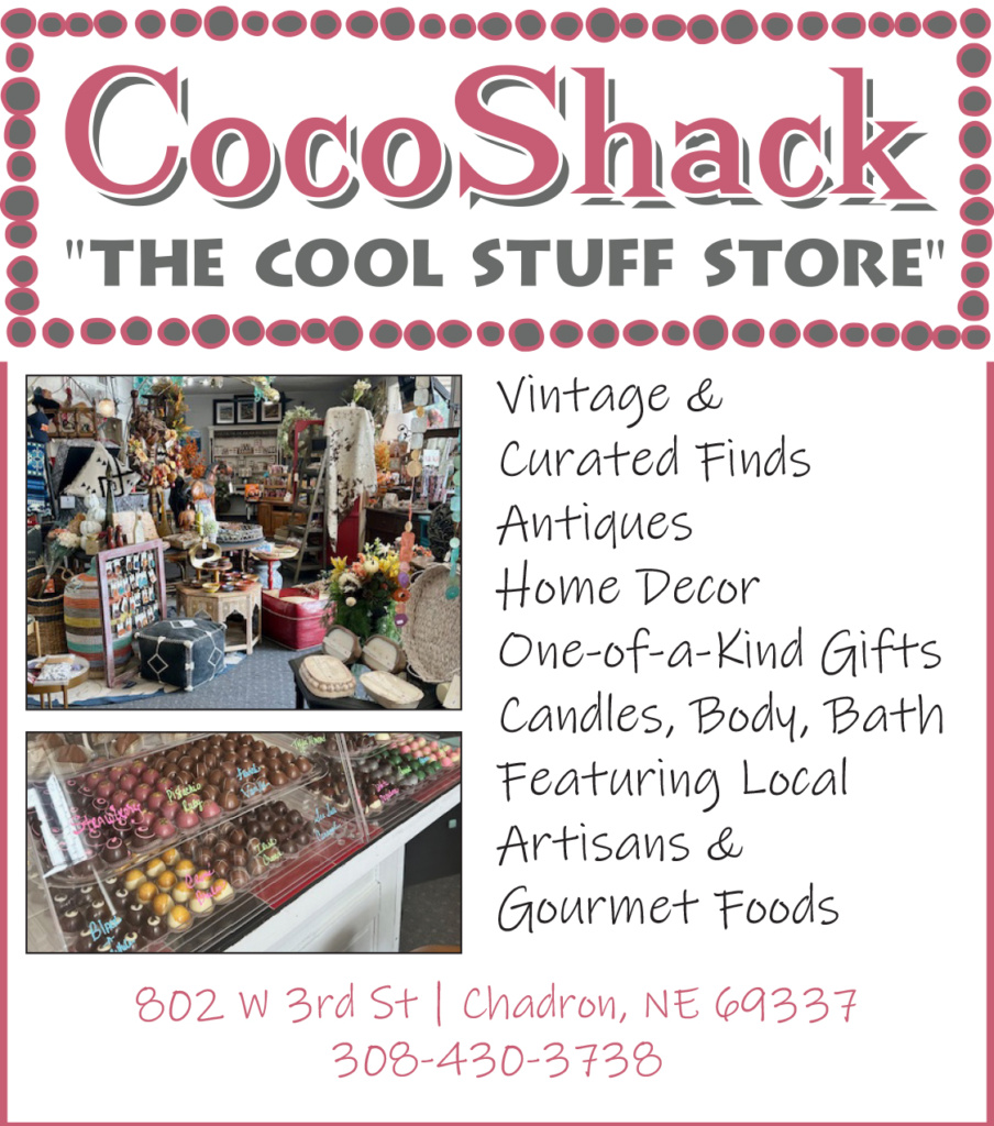 Ad for CocoShack in Chadron, NE. Follow at https://www.facebook.com/cocoshackchadron/ for more information.