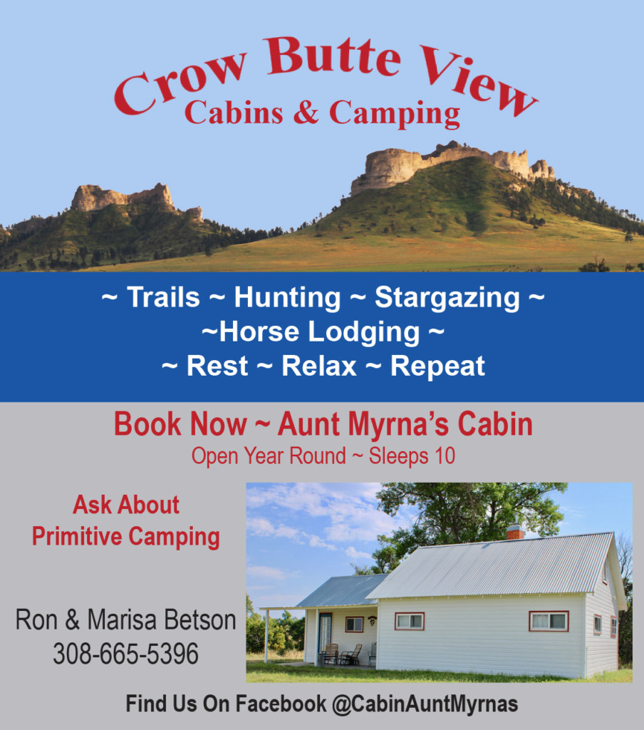 Ad for Crow Butte View and Aunt Myrna's Cabin. Follow at https://www.facebook.com/CabinAuntMyrnas/ for more information.