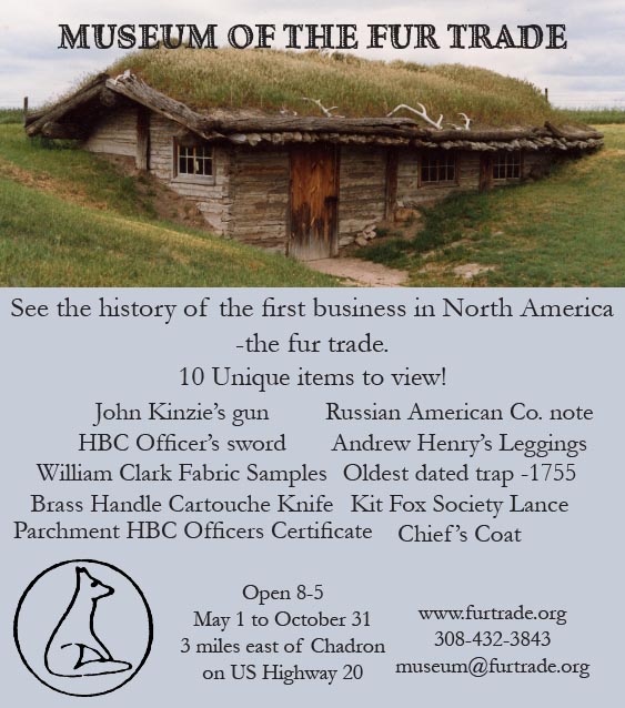 Ad for the Museum of the Fur Trade in Chadron, NE. Visit https://www.furtrade.org/ for more information.