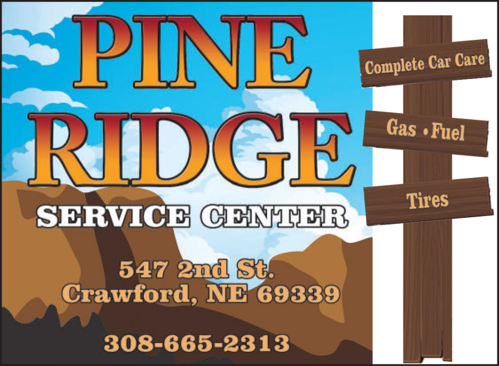 Ad for Pine Ridge Service Center in Crawford, NE. Call 308-665-2313 for information.