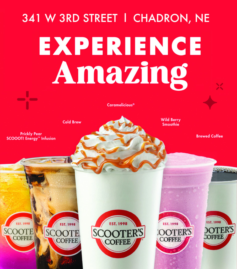 Ad for Scooter's Coffee in Chadron, NE. Follow at https://www.facebook.com/profile.php/?id=100090335232575 for more information.