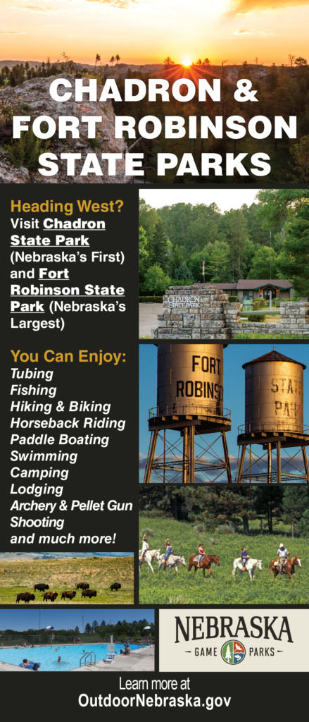 Ad for Nebraska state parks Chadron State Park and Fort Robinson State Park. Visit https://outdoornebraska.gov/ for more information.