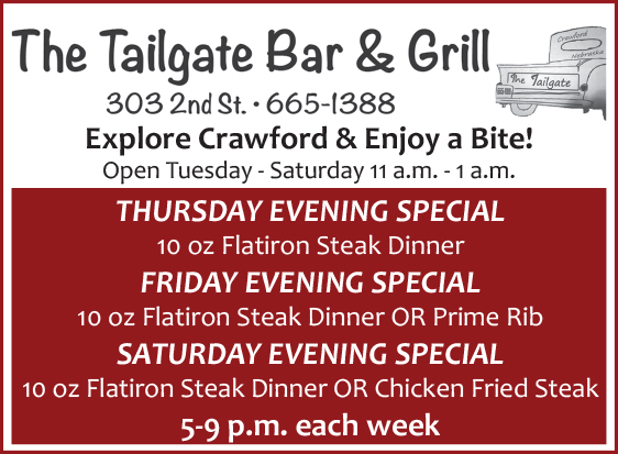 Ad for the Tailgate Bar and Grill in Crawford, NE. Follow at https://www.facebook.com/people/Tailgate-Bar-Grill/100057614762576/ for more information.