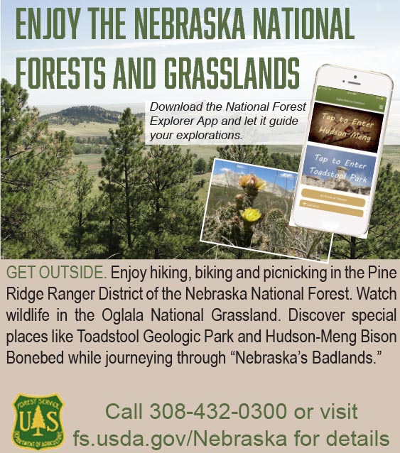 Ad for the Pine Ridge Ranger District of the Nebraska National Forest and Oglala National Grasslands. Visit https://www.fs.usda.gov/r02/nebraska for more information.