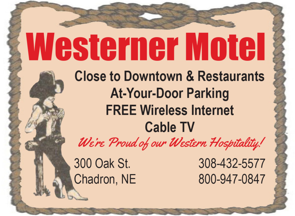 Ad for the Westerner Motel in Chadron, NE. Call 308-432-5577 for more information.