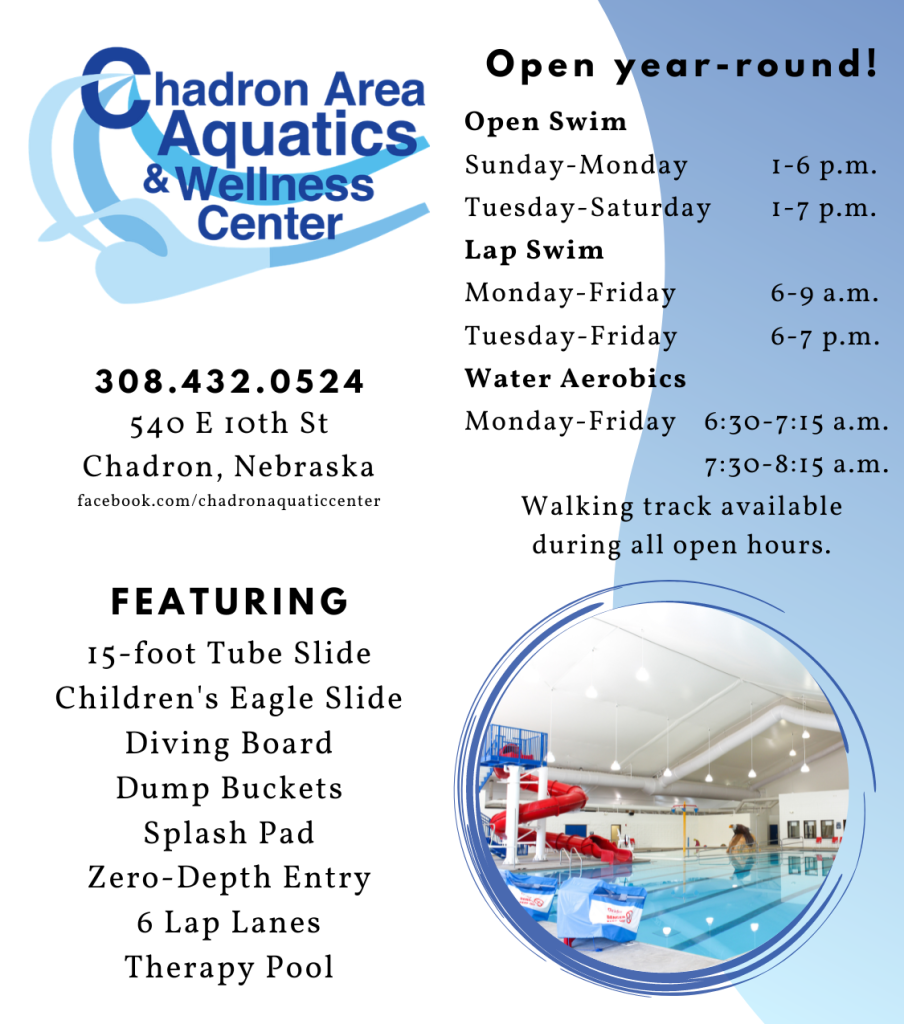 Ad for the Chadron Area Aquatic and Wellness Center. Visit https://chadron-nebraska.com/207/Chadron-Area-Aquatics-Wellness-Center for more information.