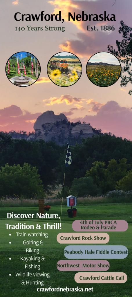 Ad for the City of Crawford, NE. Visit https://crawfordnebraska.net/ for information.