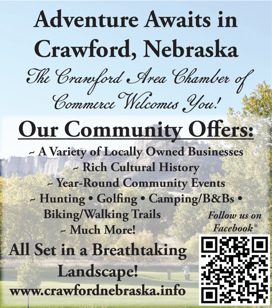 Ad for the Crawford, Nebraska Chamber of Commerce. Follow at https://www.facebook.com/CrawfordChamberOfCommerce/ for more information.