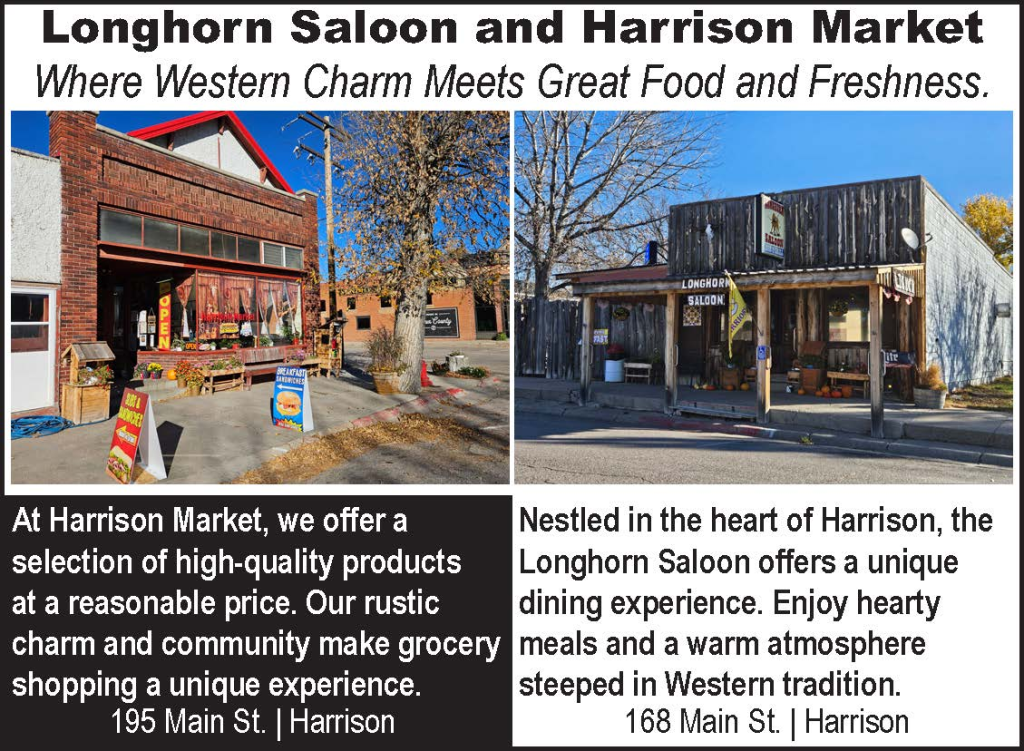 Ad for the Longhorn Saloon and Harrison Market in Harrison, NE. Follow the saloon at https://www.facebook.com/profile.php?id=100093674154586 and the market at https://www.facebook.com/profile.php?id=61568618573670