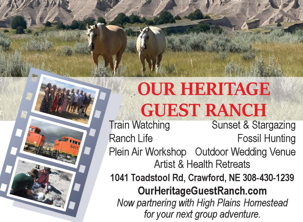 Ad for Our Heritage Guest Ranch in Crawford, NE. Visit https://ourheritageguestranch.com/ for more information.