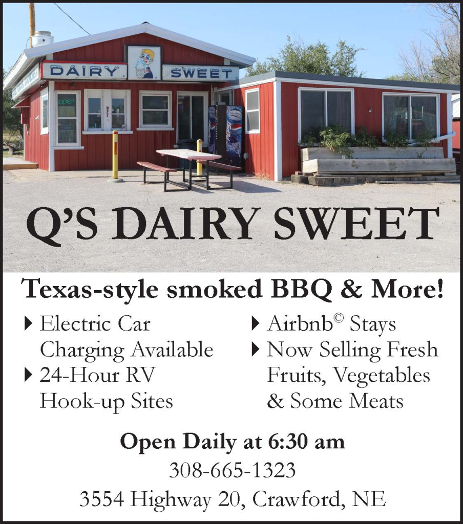 Ad for Q's Dairy Sweet in Crawford, NE. Follow https://www.facebook.com/profile.php?id=100063692373328 for more information.