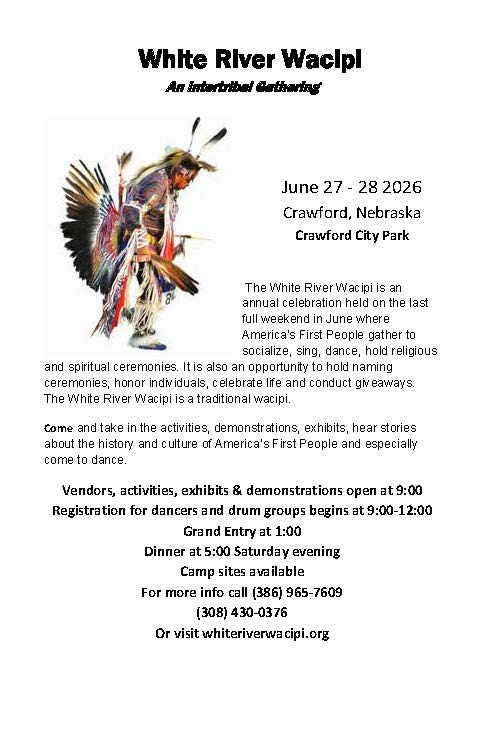Flyer detailing the White River Wacipi event June 27-28 at the Crawford City Park