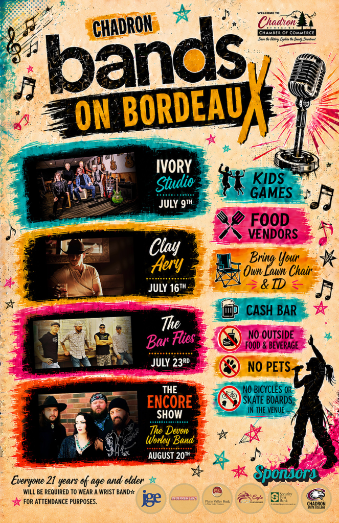 A flyer detailing the schedule for Bands on Bordeaux 2026 concert series.