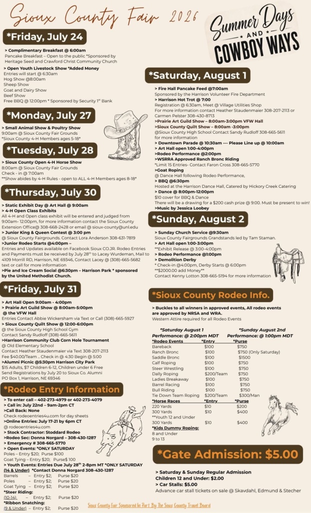 Poster with the schedule of events for the 2026 Sioux County Fair